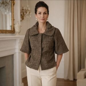 Avant Garde Neutral Nubby Birdseye Puffy Collar Short Sleeve Cropped Blazer Sz S